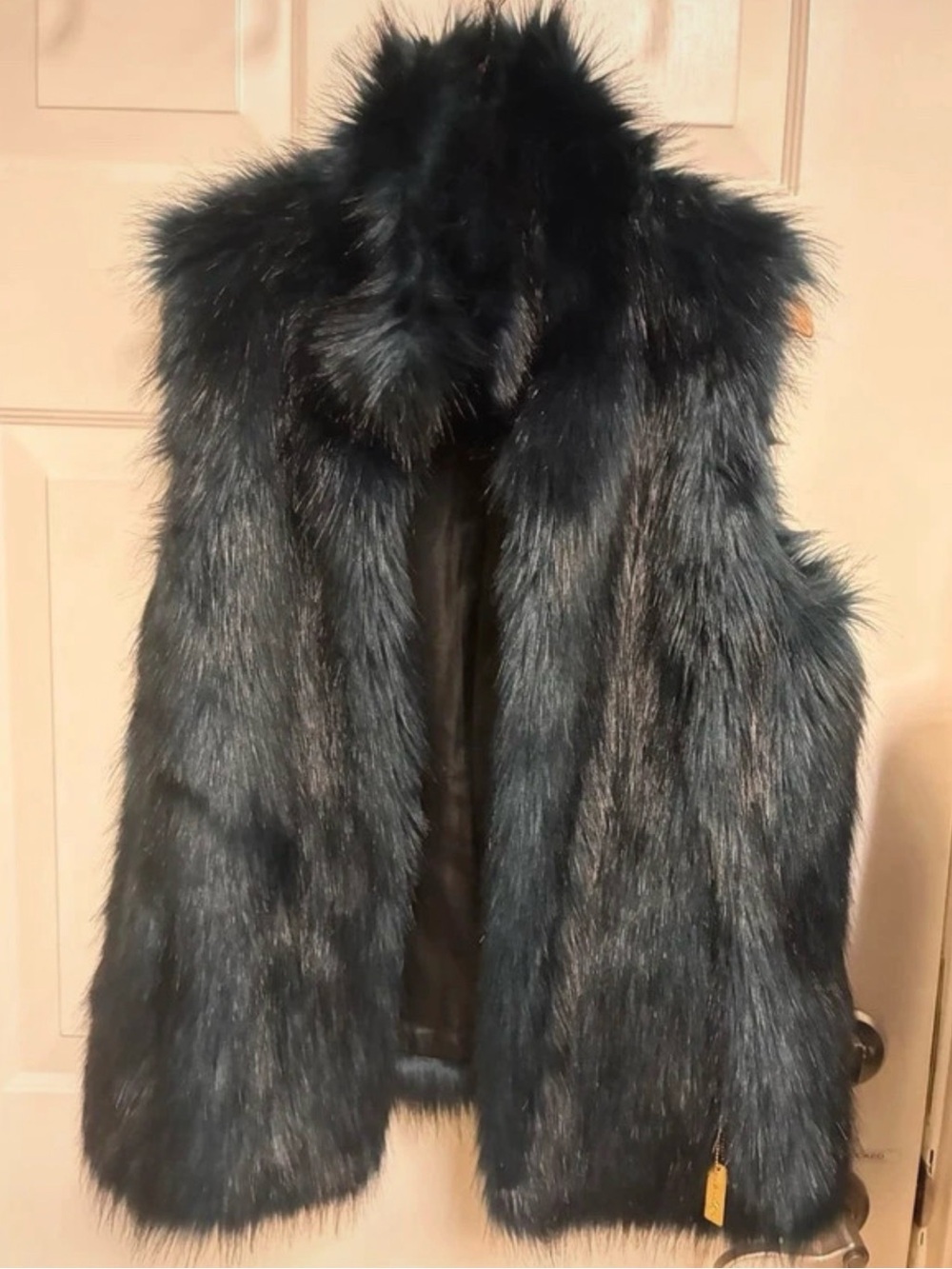 Calvin Klein Black Faux Fur Sleeveless Vest with High Plush Collar